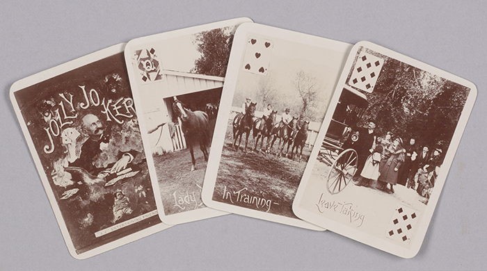 Among items at The Huntington related to local racing lore are these playing cards showing scenes at Rancho Santa Anita and its owner, “Lucky” Baldwin (San Francisco: Alverson Comstock, ca. 1895).