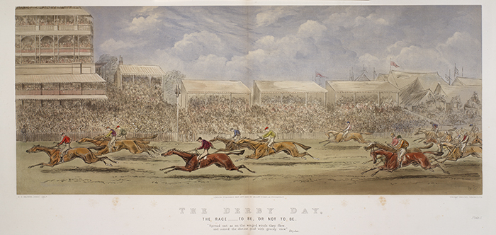 This illustration of the Derby at Epsom, England, is by Hablot Browne, better known as Phiz, the illustrator of books by Charles Dickens. From Hablot Browne, The Derby Day (London: Messrs. Fores, 1866).