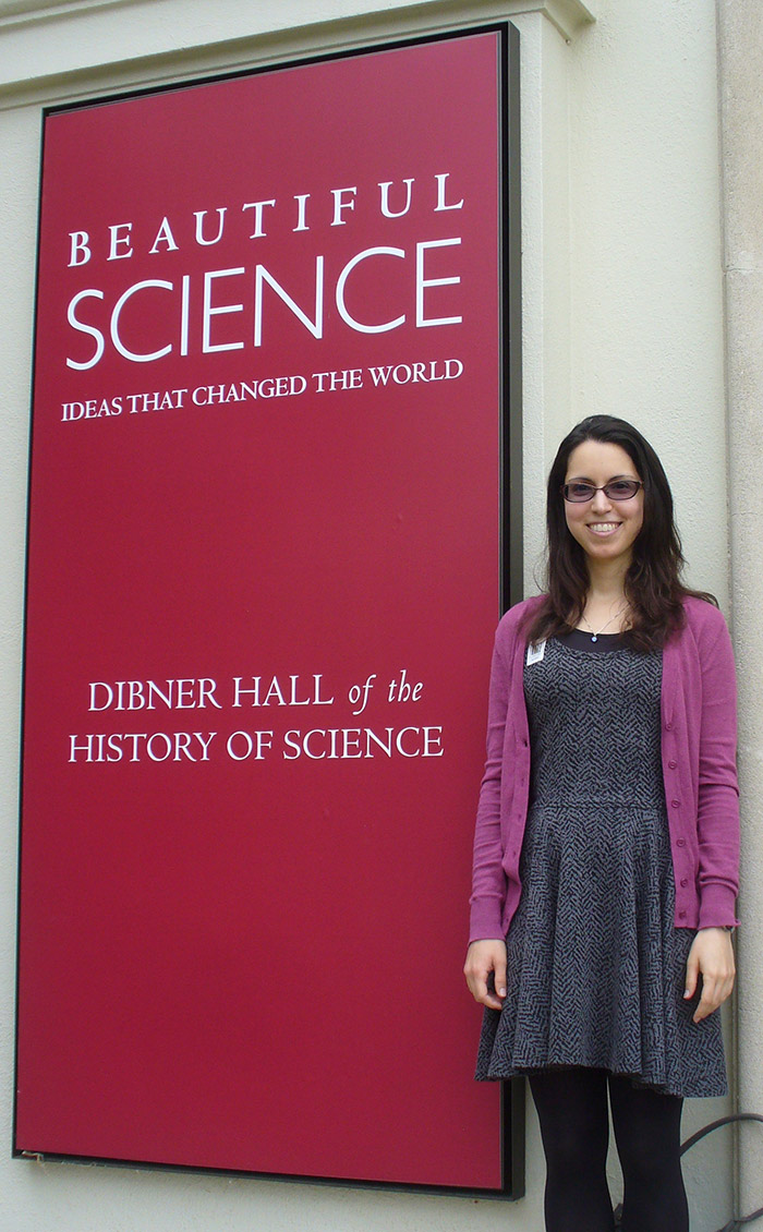 Nicole Yunger Halpern at the entrance to The Huntington’s permanent exhibition “Beautiful Science.”