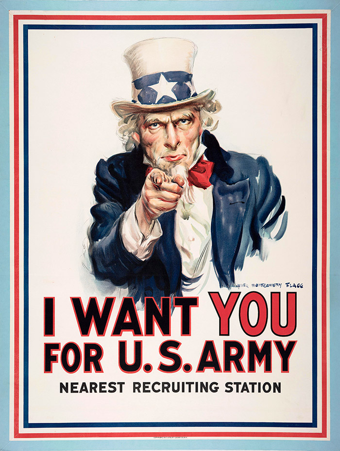 I Want You for U.S. Army is one of about 40 posters that will go on view beginning Aug. 2 in “Your Country Calls! Posters of the First World War.” The poster was made in 1917 by James Montgomery Flagg (1877–1960). The Huntington Library, Art Galleries, and Botanical Gardens.