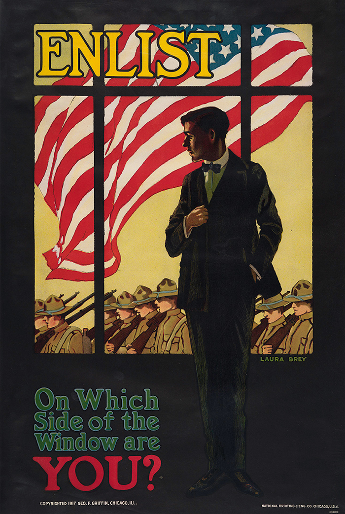 Enlist / On Which Side of the Window Are You?, United States, 1917, Laura Brey (dates unknown), color lithograph. The Huntington Library, Art Collections, and Botanical Gardens.