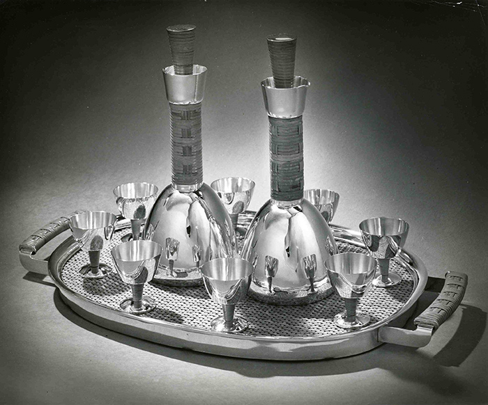 Hudson Roysher, Decanter Set, ca. 1948, silver and Sumatra cane. On view in the Virginia Steele Scott Galleries of American Art.