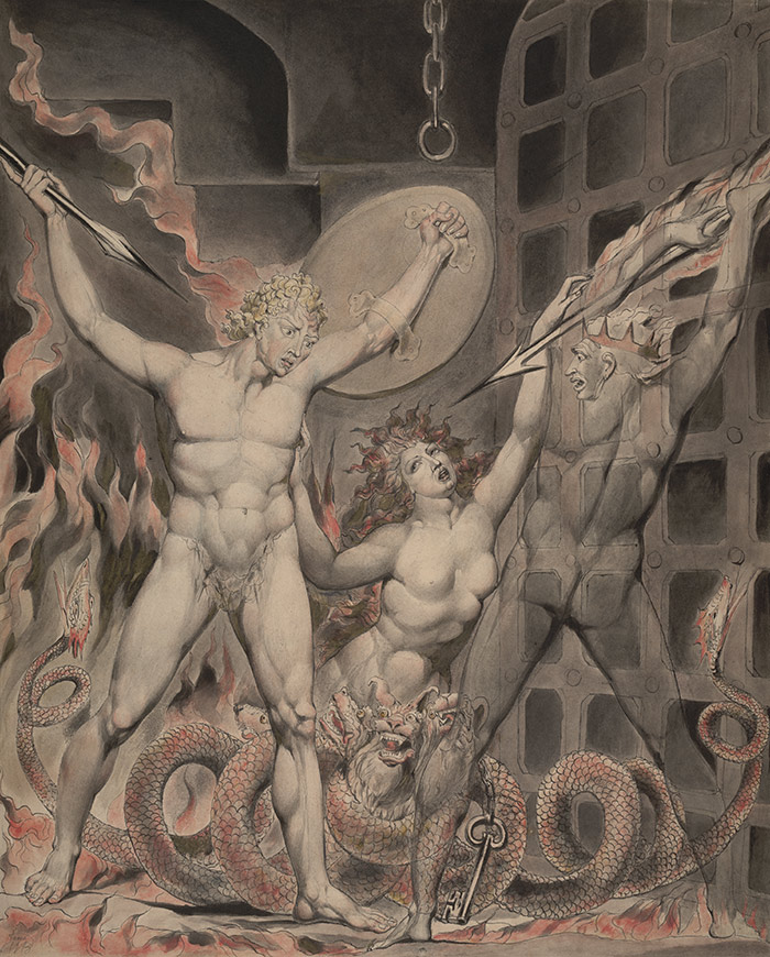 William Blake shared Fuseli’s passion for fantastic, supernatural themes, like this c. 1806 pen and watercolor Satan, Sin, and Death: Satan Comes to the Gates of Hell. The Huntington Library, Art Collections, and Botanical Gardens.