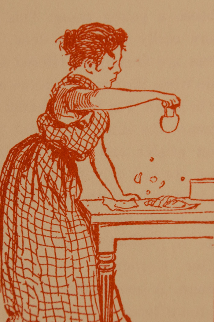 A nineteenth-century cook applies some "elbow grease" to the preparation of dinner in an illustration from The Cornucopia: Being a Kitchen Entertainment and Cookbook. Huntington Library Press.