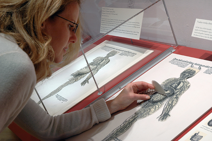 Visitors to the Library’s permanent exhibition “Beautiful Science” can see an original plate from Epitome, then touch the copy, imagining how medical students of the time peered into the body.