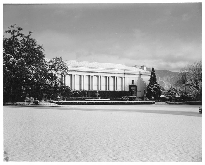 The Huntington grounds south of the Library after snowfall. (Jan. 11, 1949)