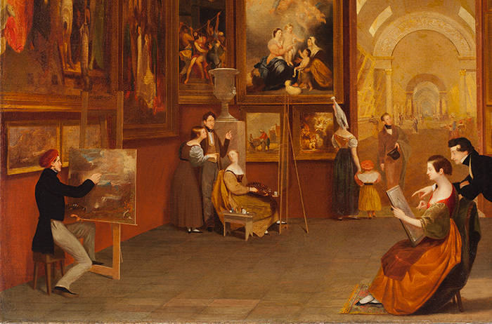 In addition to art, Morse depicts artists. The man painting in the lower-left hand corner is artist Richard W. Habersham, Morse’s roommate in Paris. Another artist and roommate, Horatio Greenough, can be seen in the background, holding his top hat as he enters the hall. Detail of Gallery of the Louvre, Terra Foundation for American Art, Chicago.