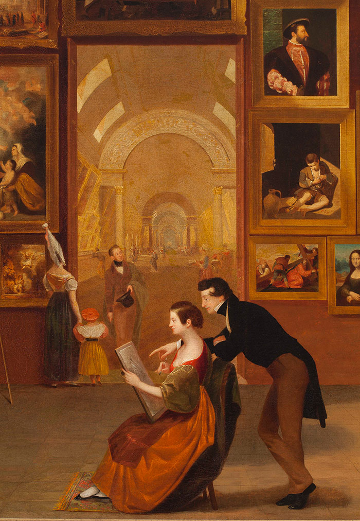 The young woman seated before her sketch is Morse’s daughter, Susan Walker Morse, with her father, Samuel F. B. Morse, peering over her shoulder. Detail of Gallery of the Louvre, Terra Foundation for American Art, Chicago.