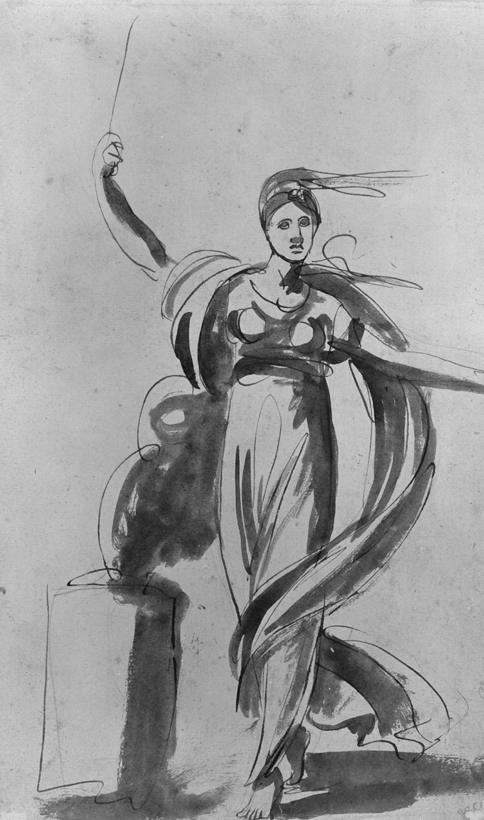 George Romney, Study of a Striding Female Figure, perhaps Emma Hart as Circe, early 1780s, pen and ink and brown and blue wash over graphite [rendered here in black and white]. Huntington Library, Art Collections, and Botanical Gardens. On view in "Eccentric Visions."