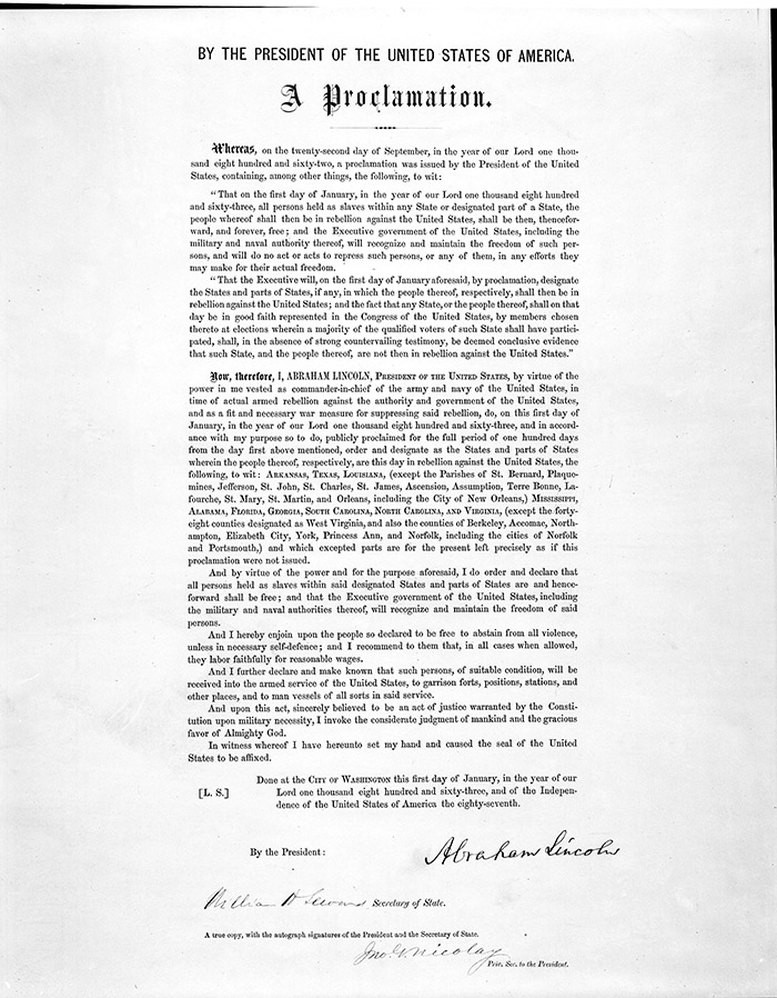 The Emancipation Proclamation issued by Lincoln in his power as commander-in-chief of the armed forces. Lincoln signed this print in June 1864; it was intended to be auctioned off at a charity event. The Huntington Library, Art Collections, and Botanical Gardens.