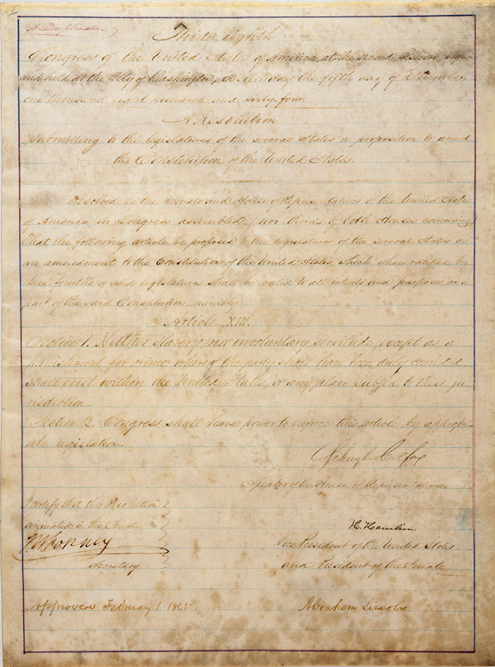 Copies of the 13th Amendment signed by Lincoln, like this one known as the Strohm souvenir copy, were popular with collectors. The Huntington Library, Art Collections, and Botanical Gardens.