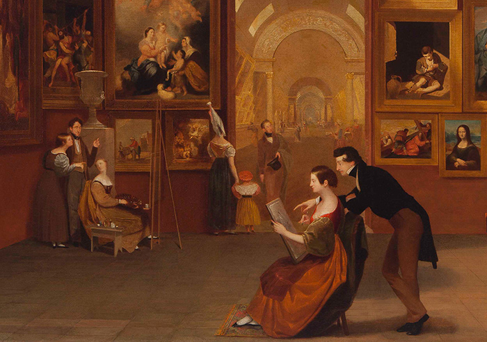 Morse painted biographical information into his monumental work. He depicts himself leaning over his daughter sketching in the foreground; friend and author James Fenimore Cooper stands in the corner at left with his family; and Morse's roommate in Paris, American sculptor Horatio Greenough, strides into the gallery holding his hat. Detail of Gallery of the Louvre, Terra Foundation for American Art, Chicago.