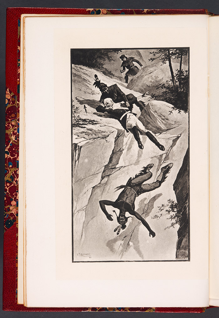 Frontispiece from The Huntington’s copy of the 1893 edition of James Fenimore Cooper’s The Last of the Mohicans, showing a scene early in the novel when Uncas, the last of the Mohicans, saves the British army major Duncan Heyward. The Huntington Library, Art Collections, and Botanical Gardens.