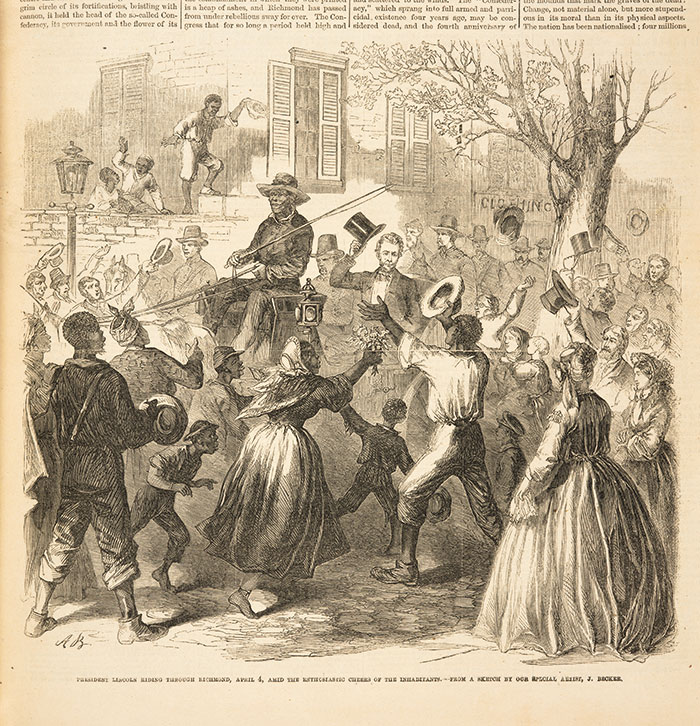 President Lincoln riding through Richmond, Virginia, on April 4, 1865. Wood engraving from a sketch by Joseph Becker. Frank Leslie’s Illustrated Newspaper, April 22, 1865. The Huntington Library, Art Collections, and Botanical Gardens.