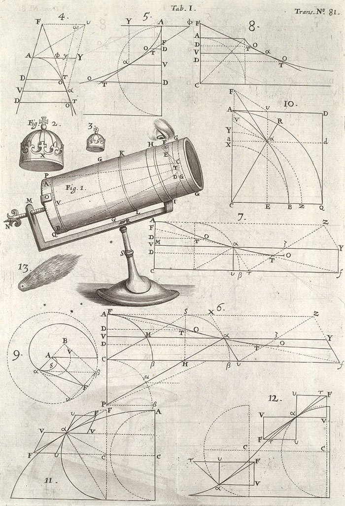 Illustration of Isaac Newton’s reflecting telescope in An Account of a New Kind of Telescope, invented by Mr. Isaac Newton, Philosophical Transactions of the Royal Society, London, 1672. The Huntington Library, Art Collections, and Botanical Gardens.