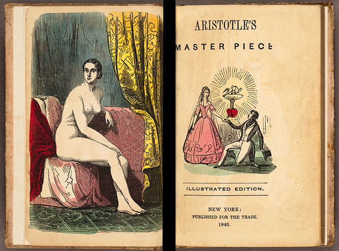 By the 19th century, the Masterpiece often combined a racy appeal to male readers, as in the image on the left, with a family-oriented appeal, as in the romantic depiction on the right. The Huntington Library, Art Collections, and Botanical Gardens.