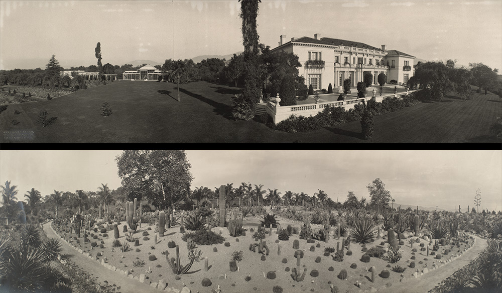 Top: Huntington Mansion, West Coast Art Co., ca. 1915. Bottom: Desert Garden, photographer unknown, ca. 1915.