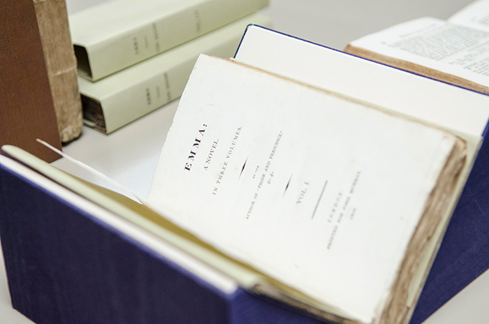 A first edition of the first volume of Jane Austen’s novel Emma, 1816, with board covers, untrimmed. The Huntington Library, Art Collections, and Botanical Gardens. Photo by Lance Hayashida/Caltech.