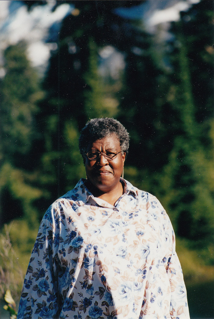 Octavia E. Butler near Mt. Shuksan, in the state of Washington, 2001. Photographer unknown. The Huntington Library, Art Collections, and Botanical Gardens. Copyright Estate of Octavia E. Butler.
