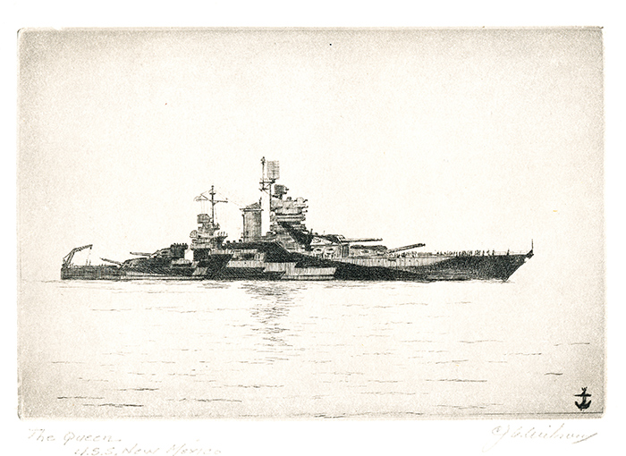 Starboard view of the USS New Mexico (BB-40), approximately 1944, at sea, painted in dazzle camouflage. The Queen: U.S.S. New Mexico, by Charles J.A. Wilson (1880–1965), drypoint, no date, John Haskell Kemble Collection. The Huntington Library, Art Collections, and Botanical Gardens.