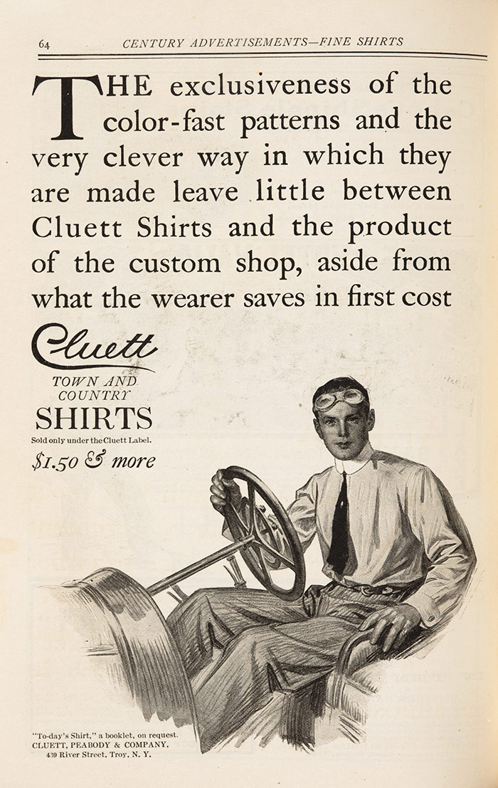 With awareness of and interest in automobiles percolating through the newspapers and magazines of the early 20th century, manufacturers of other products began relying upon the motor car to promote sales of their goods, as seen in this 1908 advertisement for Cluett Town and Country Shirts. The Huntington Library, Art Collections, and Botanical Gardens.