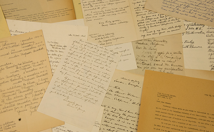 A selection of women’s application letters for computer positions among the papers of American astronomer Frederick Hanley Seares (1873–1964), the head of the computing division at the Pasadena office of the Mount Wilson Observatory from 1909 to 1940. Photo by Kate Lain.