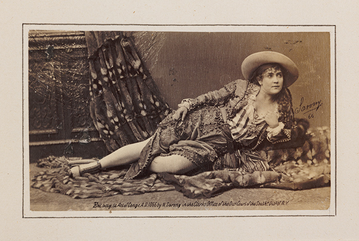 Adah Isaacs Menken as Leon, a Mexican slave, in John Brougham’s play Child of the Sun, ca. 1866. This is one of almost 100 images of Menken contained in The Huntington’s copy of Infelicia, an extra-illustrated book of Menken’s poetry. Photo by Napolean Sarony. The Huntington Library, Art Collections, and Botanical Gardens.