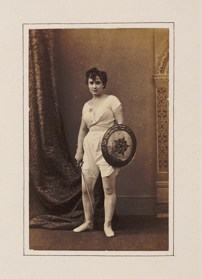 In her role as Mazeppa, Menken performed in a flesh-colored costume that made her appear naked. Photo by Napolean Sarony. Date unknown. The Huntington Library, Art Collections, and Botanical Gardens.