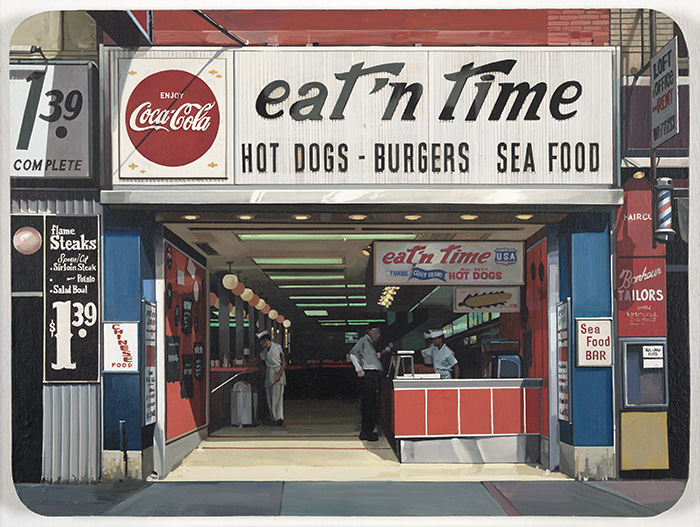 Richard Estes (b. 1932), eat'n time, 1968-1969, oil on Masonite, 18 x 24 in. (45.7 x 61 cm.). The Huntington Library, Art Collections, and Botanical Gardens. Gift of Laurence and Carol Pretty © Richard Estes, courtesy Marlborough Gallery, New York.