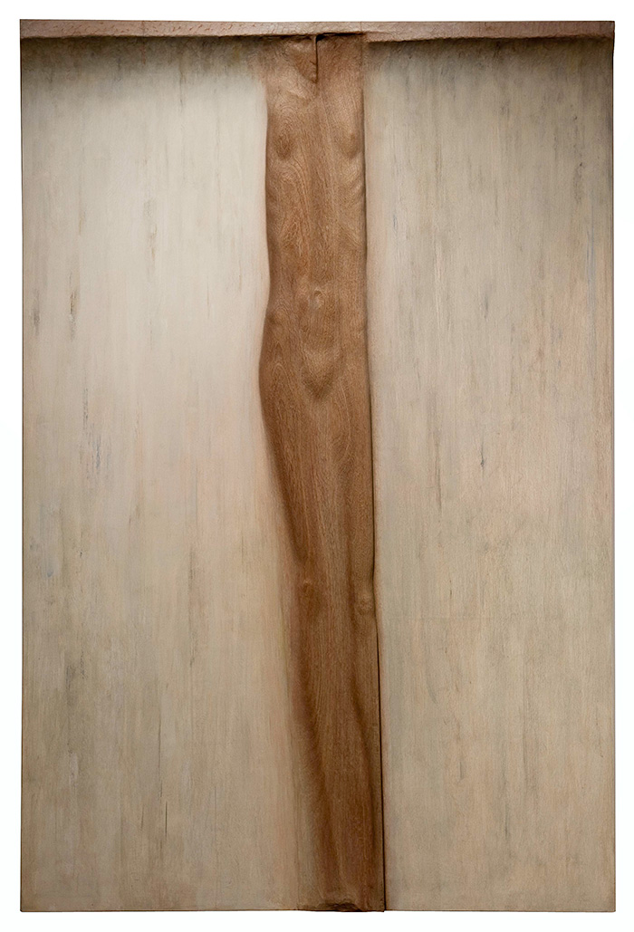 James Hueter, American (b. 1925), Thin Figure Rising, 1969, oil on wood, 72 x 48 in. (182.9 x 121.9 cm.), carved and painted wood panel. The Huntington Library, Art Collections, and Botanical Gardens. Gift of the artist. © James Hueter / Schenck Images.