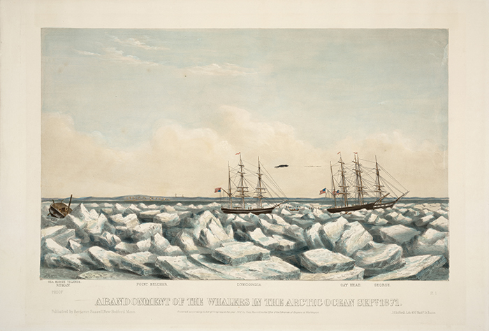 Plate 1 in a series of five, showing some of the 33 whaling vessels trapped in ice and the eventual rescue of the crew and passengers. Abandonment of the whalers in the Arctic Ocean Sept. 1871. Pl. 1, 1872, hand-colored lithograph. The Huntington Library, Art Collections, and Botanical Gardens. Click image to enlarge.