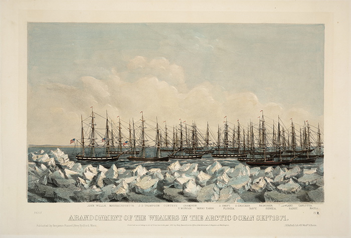 Abandonment of the whalers in the Arctic Ocean Sept. 1871. Pl. 2, 1872, hand-colored lithograph. The Huntington Library, Art Collections, and Botanical Gardens. Click image to enlarge.
