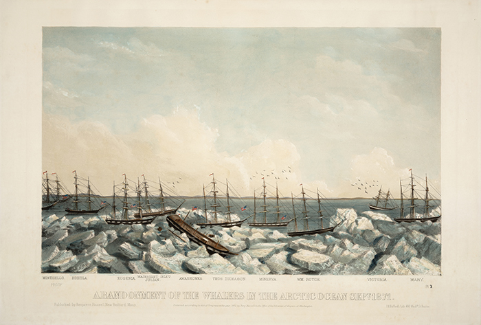 Abandonment of the whalers in the Arctic Ocean Sept. 1871. Pl. 3, 1872, hand-colored lithograph. The Huntington Library, Art Collections, and Botanical Gardens. Click image to enlarge.