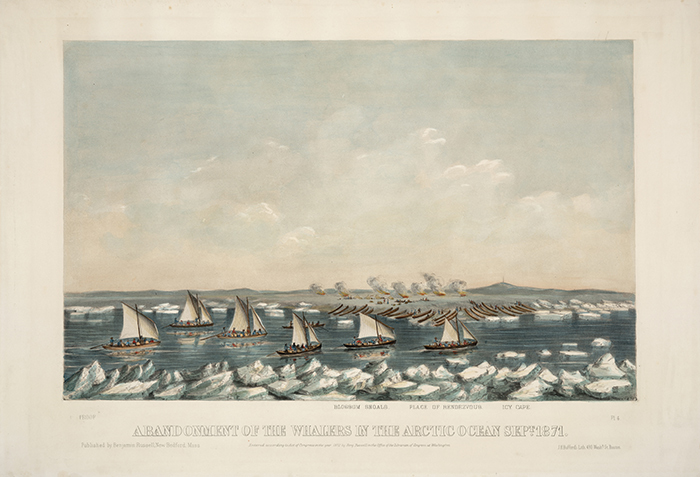 Abandonment of the whalers in the Arctic Ocean Sept. 1871. Pl. 4, 1872, hand-colored lithograph. The Huntington Library, Art Collections, and Botanical Gardens. Click image to enlarge.