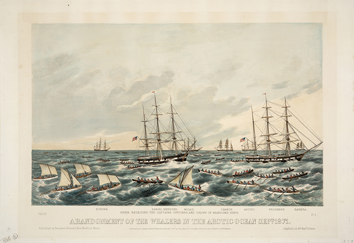 Abandonment of the whalers in the Arctic Ocean Sept. 1871. Pl. 5, 1872, hand-colored lithograph. The Huntington Library, Art Collections, and Botanical Gardens. Click image to enlarge.