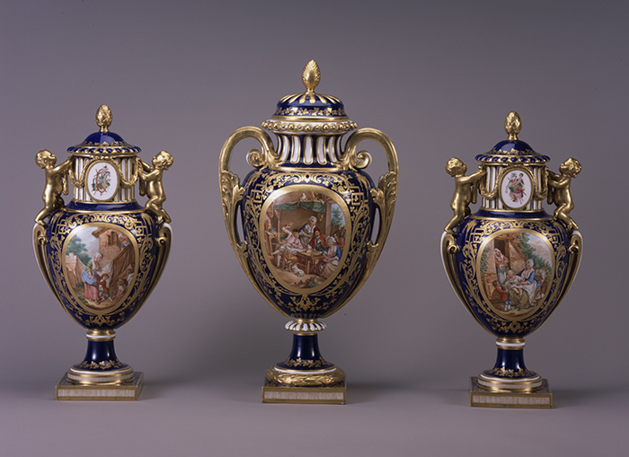 Royal Porcelain Manufactory, Sèvres, Garniture of Three Lidded Vases, c. 1781. This extravagant set of porcelain once belonged to the Countess Carnarvon, the real-life inhabitant of Highclere Castle, the house portrayed in "Downton Abbey." She also owned the paintings and other decorative objects shown below. You can find the porcelain on the second floor of the Huntington Art Gallery, in one of the four rooms devoted to the Arabella D. Huntington Memorial Art Collection. The Huntington Library, Art Collections, and Botanical Gardens.
