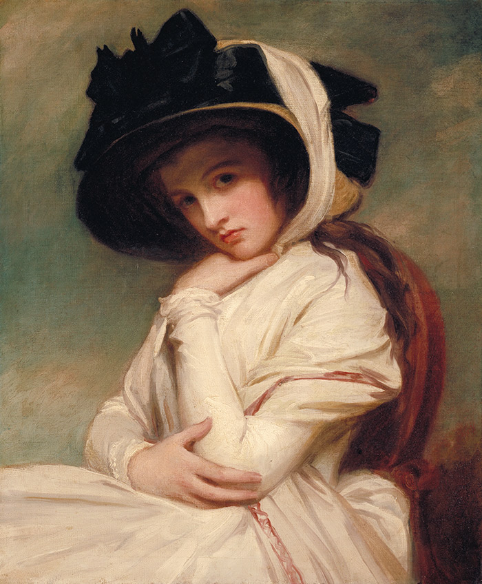 George Romney, Emma Hart, later Lady Hamilton, in a Straw Hat, ca. 1782–1794. The painting is installed on the ground floor of the Huntington Art Gallery, above a chest of drawers in the dining room. The Huntington Library, Art Collections, and Botanical Gardens.