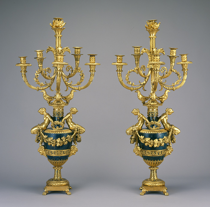 François Rémond, Pair of Six-light Candelabra, c. 1780. This ornate pair of gilt bronze candelabra are on the ground floor of the Huntington Art Gallery, on either side of a doorway in the large drawing room. Arabella D. Huntington Memorial Art Collection, The Huntington Library, Art Collections, and Botanical Gardens.