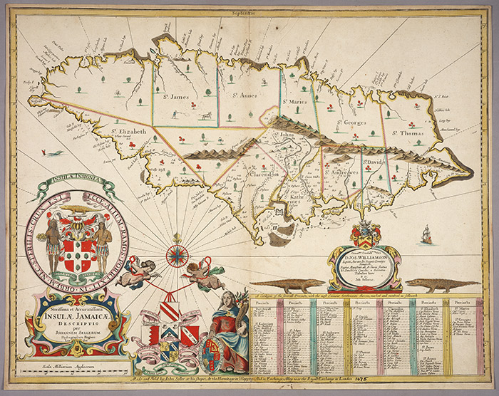 This beautiful color map of Jamaica dates from the early 1670s, after Jamaica had been divided into parishes. It was produced by John Seller. The inset table lists major planters and the major crops each produced. The Huntington Library, Art Collections, and Botanical Gardens.