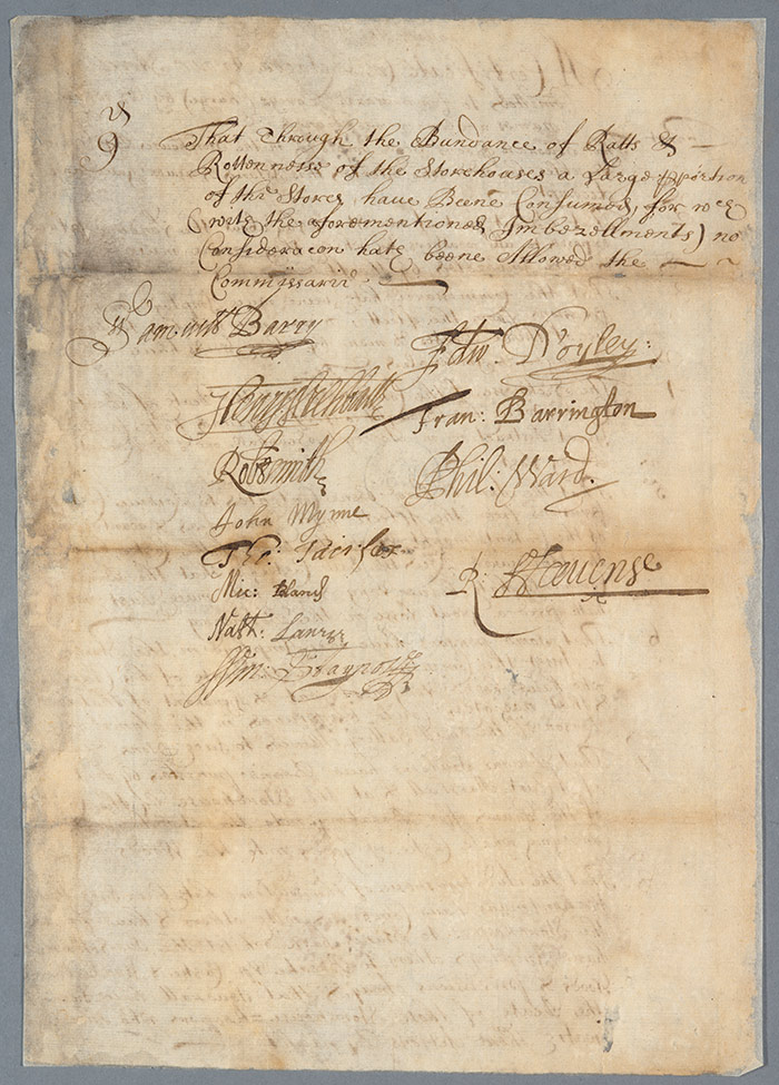 A Certificate (in Relation to our Stores Committed to Commissarie Povey's Charge), Jan. 16, 1656/7, verso. The Huntington Library, Art Collections, and Botanical Gardens.