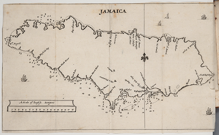 This is the earliest known map from English Jamaica. It appeared in Jamaica Viewed (1661), a book by Edmund Hickeringill. The map is probably based on one that was produced by order of Edward D’oyley, lead signatory of “A Certificate.” The Huntington Library, Art Collections, and Botanical Gardens.