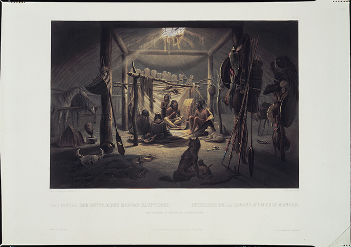 Karl Bodmer (1809–1893), “The Interior of the Hut of a Mandan Chief,” from Travels in the interior of North America, 1832–34, by Maximilian, Prinz von Wied (1782–1867). The Huntington Library, Art Collections, and Botanical Gardens.