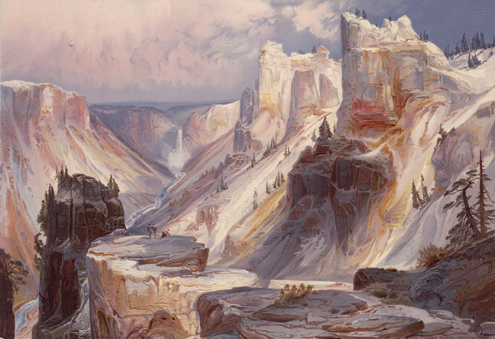Thomas Moran, “Grand Canyon of the Yellowstone,” chromolithographic reproduction of a watercolor sketch as published in Ferdinand V. Hayden, The Yellowstone National Park, and the mountain regions of portions of Idaho, Nevada, Colorado and Utah. Boston, 1876. The Huntington Library, Art Collections, and Botanical Gardens.