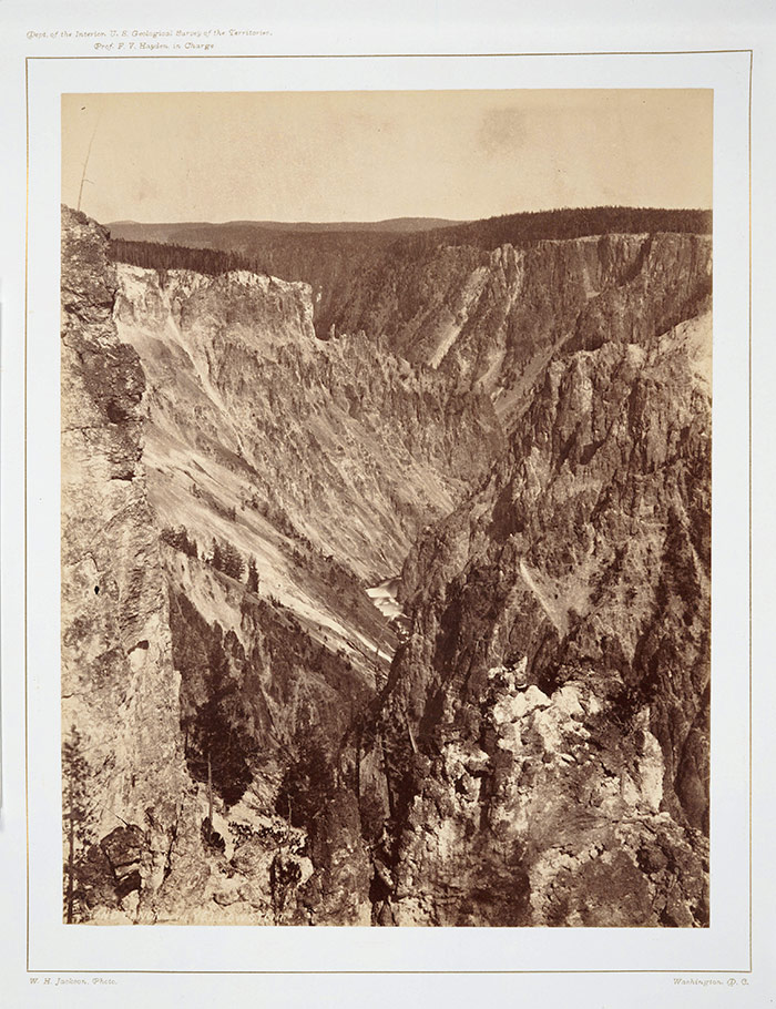William Henry Jackson, vintage photograph of Yellowstone National Park’s Grand Canyon, from photo album of Yellowstone National Park and views in Montana and Wyoming territories, 1873. The Huntington Library, Art Collections, and Botanical Gardens.