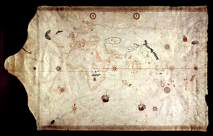 This chart includes one of the earliest depictions of the New World. King-Hamy portolan chart, Italy, ca. 1502 (HM 45). The Huntington Library, Art Collections, and Botanical Gardens.