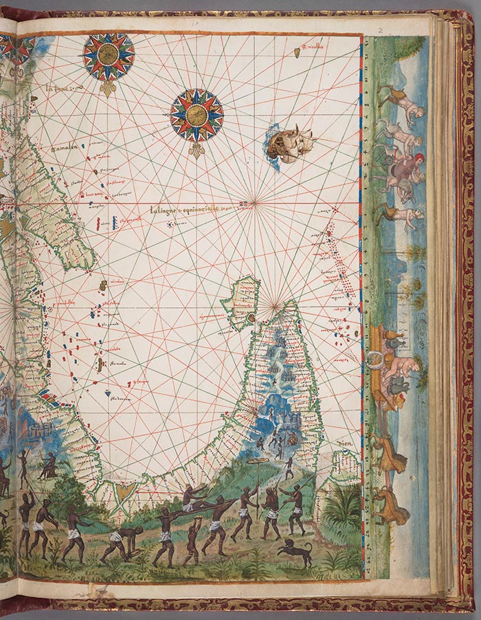 Again orientated south, this section of the Vallard Atlas shows the island of Sumatra at the upper left and intricate scenes of indigenous people. Vallard Atlas, France, 1547, Chart 2 (HM 29). The Huntington Library, Art Collections, and Botanical Gardens.