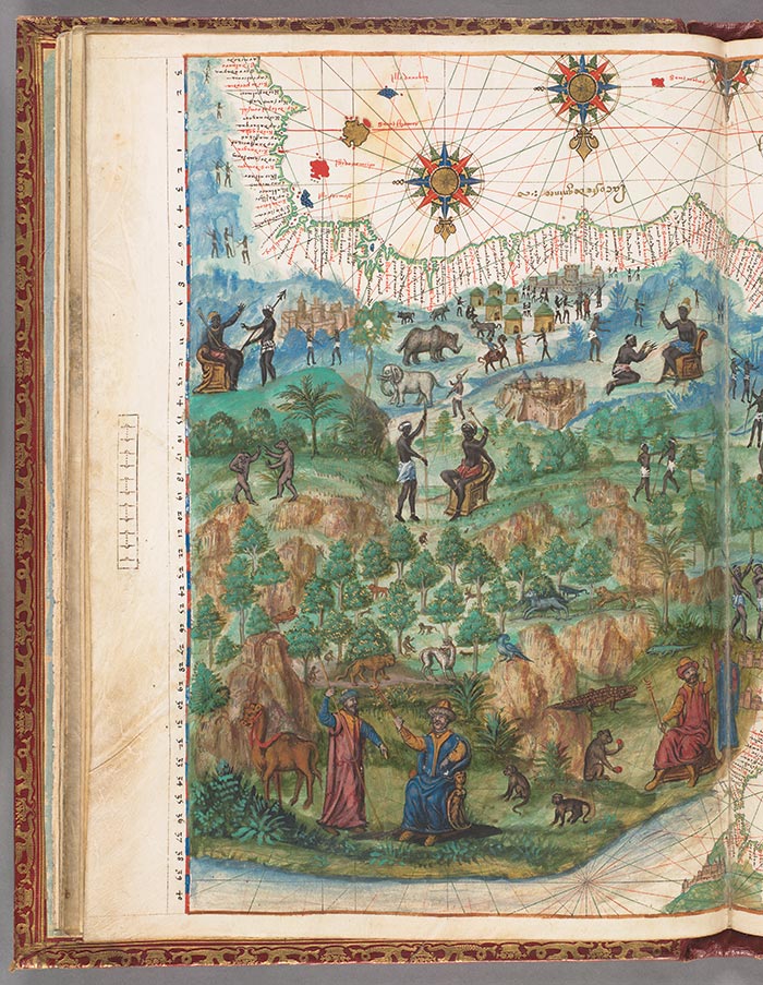 This part of the portolan depicts a stretch of the African coastline and a European view of what the people of Africa might look like. Vallard Atlas, France, 1547, Chart 7 (HM 29). The Huntington Library, Art Collections, and Botanical Gardens.