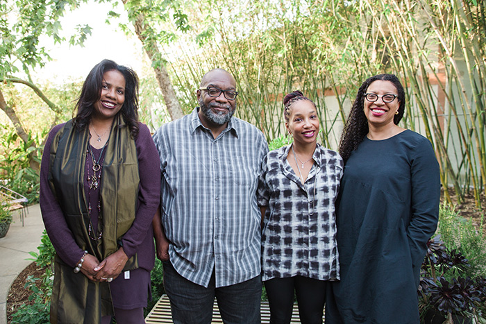 (Left to right): Writers Lynell George, Fred Moten, Tisa Bryant, and Robin Coste Lewis crafted new works based on The Huntington’s Octavia E. Butler archive. Photo by Gina Clyne, courtesy of Clockshop.