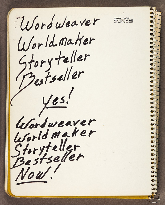 Page of handwritten notes on the inside cover of one of Octavia E. Butler’s commonplace books, 1987. Octavia E. Butler papers. The Huntington Library, Art Collections, and Botanical Gardens. Copyright Estate of Octavia E. Butler.