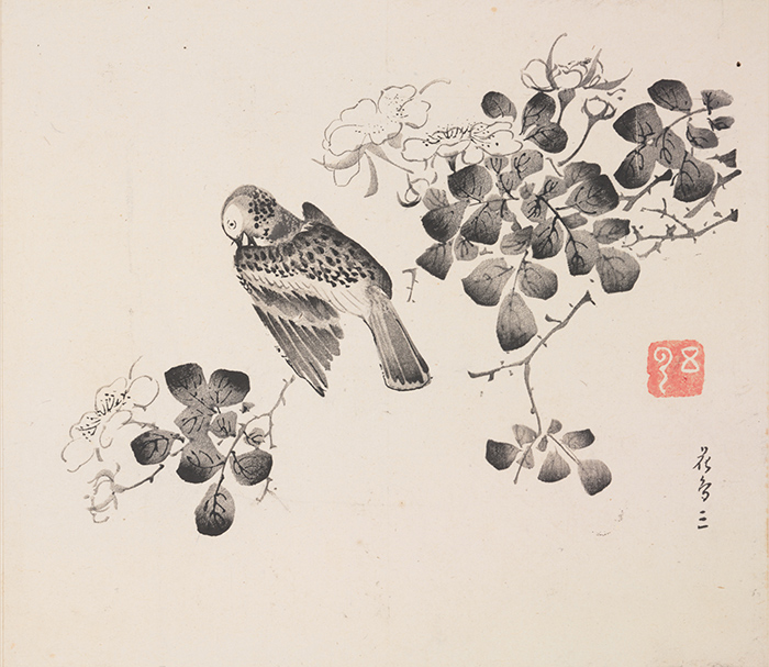 Bird on flowering rose branch by unidentified artist, Ten Bamboo Studio Manual of Calligraphy and Painting 十竹齋書畫譜, Ming dynasty, Chongzhen period to early Qing dynasty, ca. 1633–1703, compiled and edited by Hu Zhengyan 胡正言 (1584/5–1673/4). The Huntington Library, Art Collections, and Botanical Gardens.
